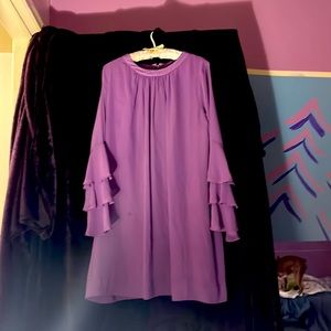 Eva mendes purple ruffled sleeve dress